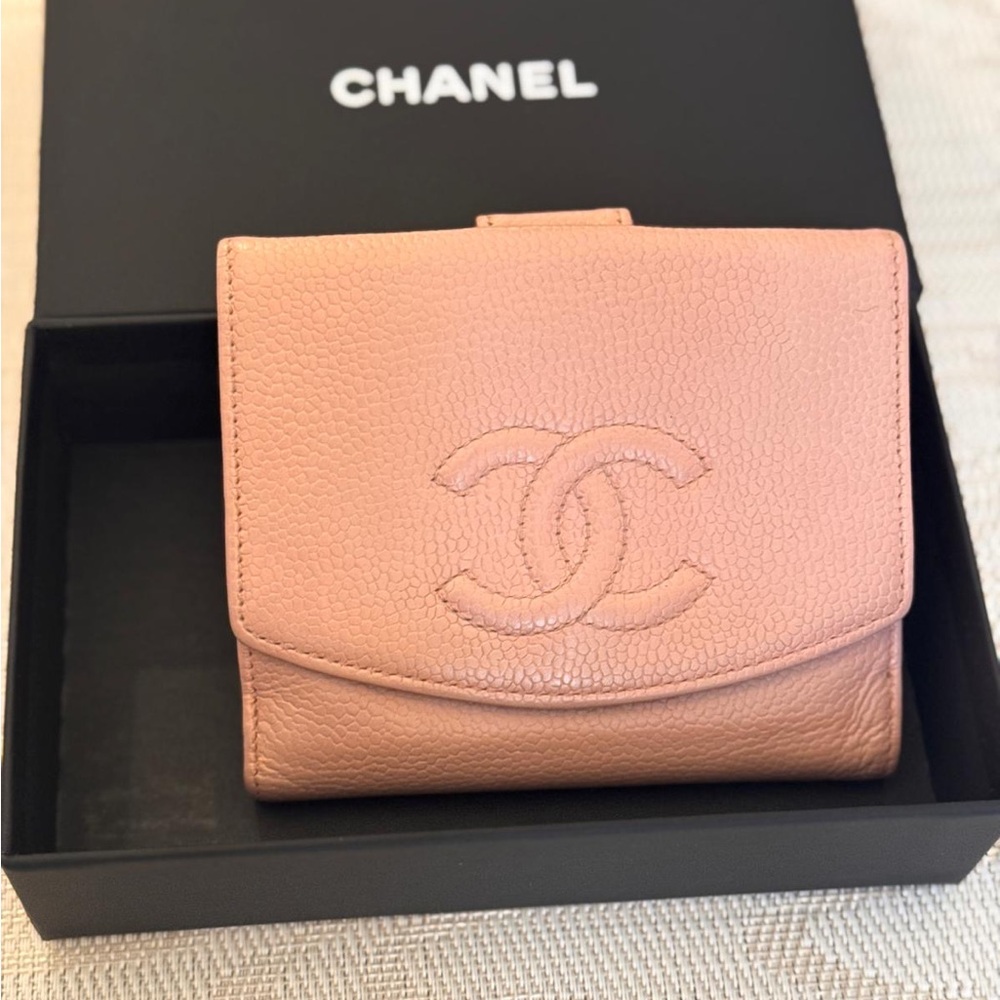 CHANEL Pink Caviar Leather Compact Wallet with CC Stitch